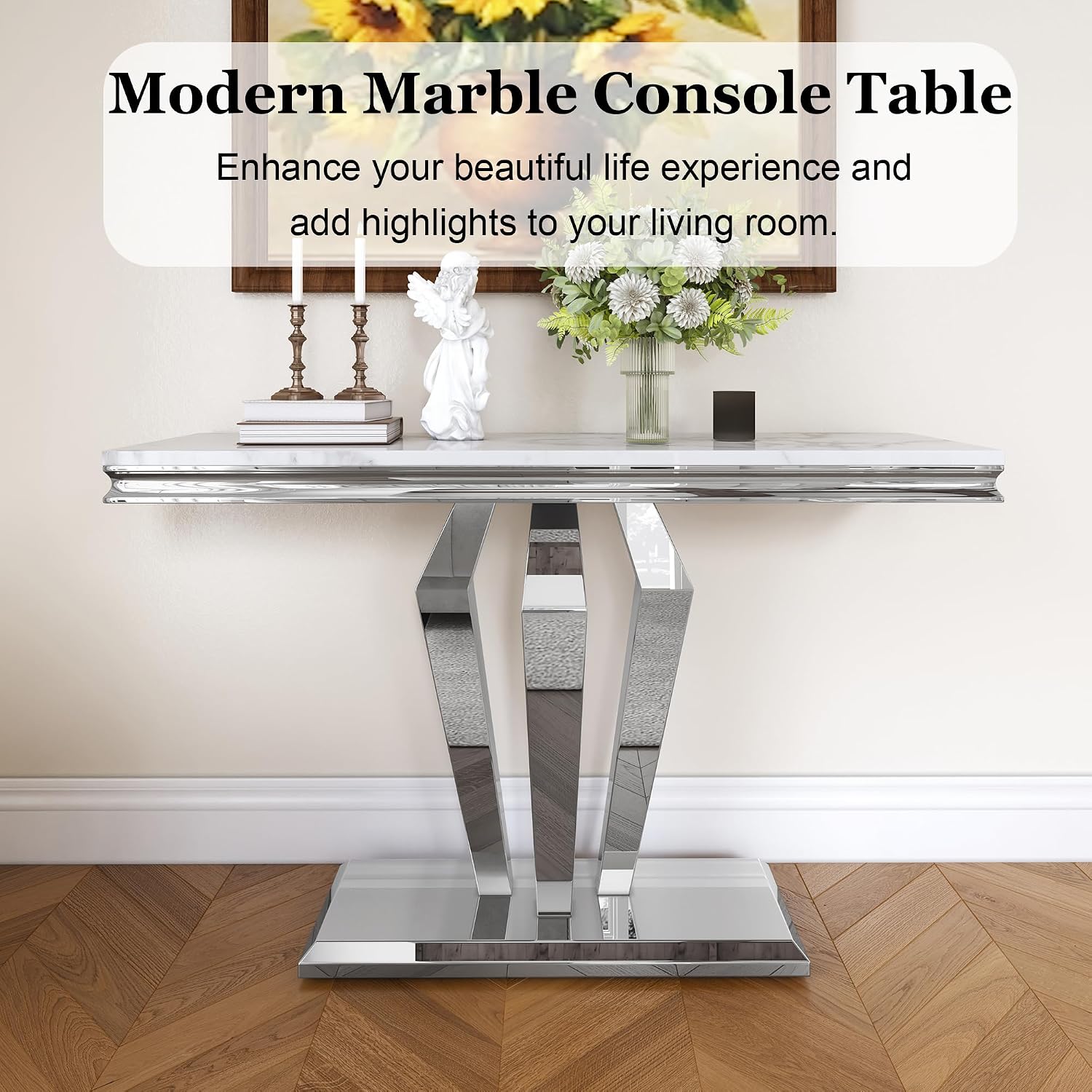 47 inch Gold Console Table, Modern Entryway Table with Diamond-Shaped Metal Base for Entrance, Hallway, Living Room (White Faux Marble & Silver)