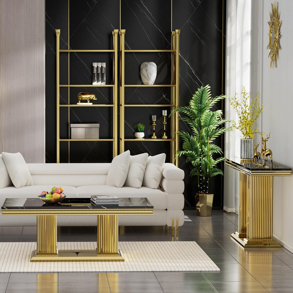 2 Pieces Living Room Table Set, Faux Marble Coffee Table Set of 2, Modern Coffee Table and Console Table with Column-Shaped Stainless Steel Base for Living Room Office Black Gold