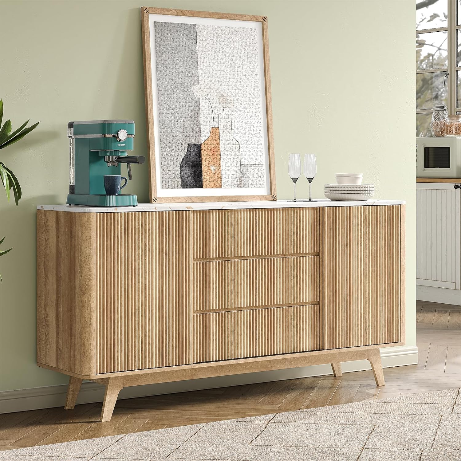 Yanosaku 62' W Fluted Buffet Cabinet with Sliding Doors, Modern Sideboard Storage Cabinet with Power Outlet & 3 Drawers, Mid-Century Coffee Bar Table for Living Room, Dinning Room, Natural