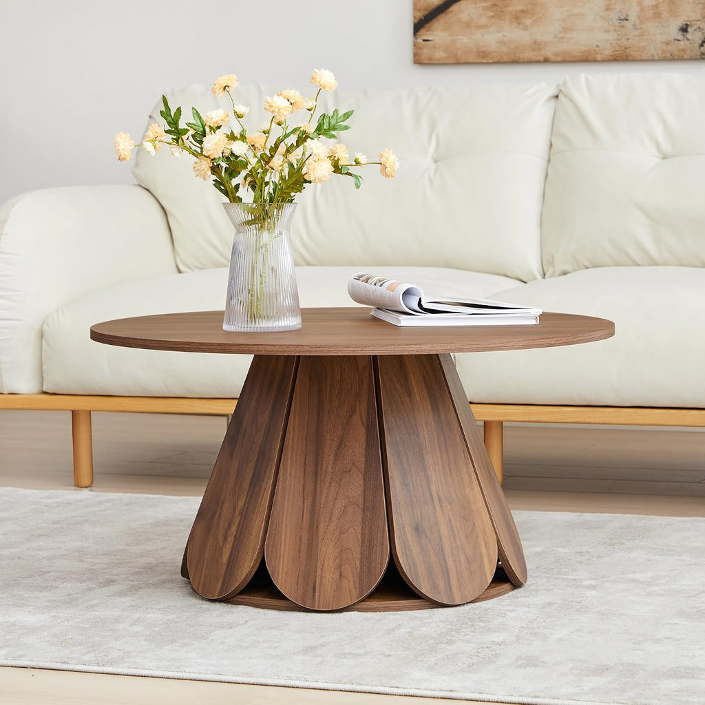 Round Coffee Table, Modern Farmhouse Wood Circle Center Table with Pedestal Base for Small Space, Living Room, Apartment, Walnut
