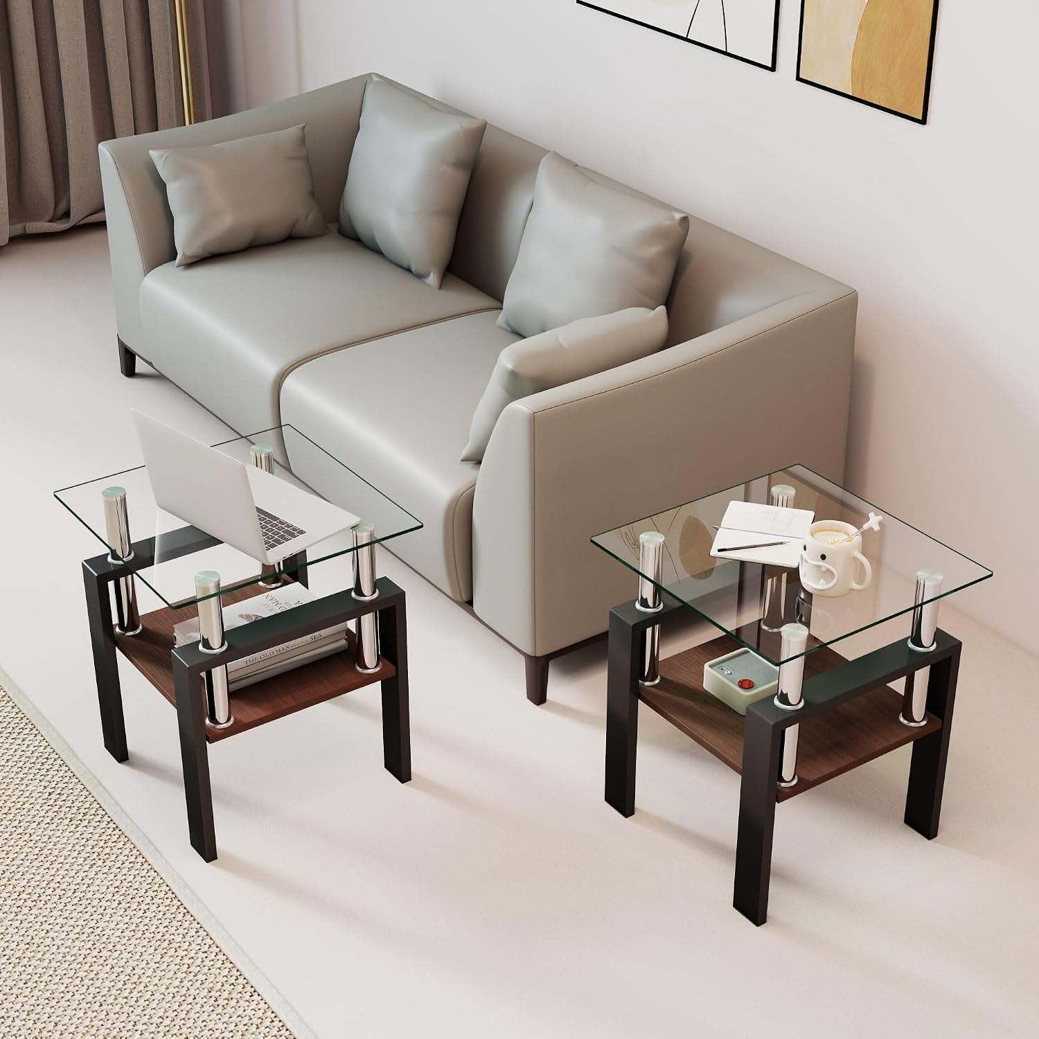 Glass Coffee Table Sets of 3 for Living Room, Mordern End Table Sofa Side Tables with Storage, Black Metal Leg, Transparent Glass Tabletop Rectangle Tempered Center Table Home Furniture Set
