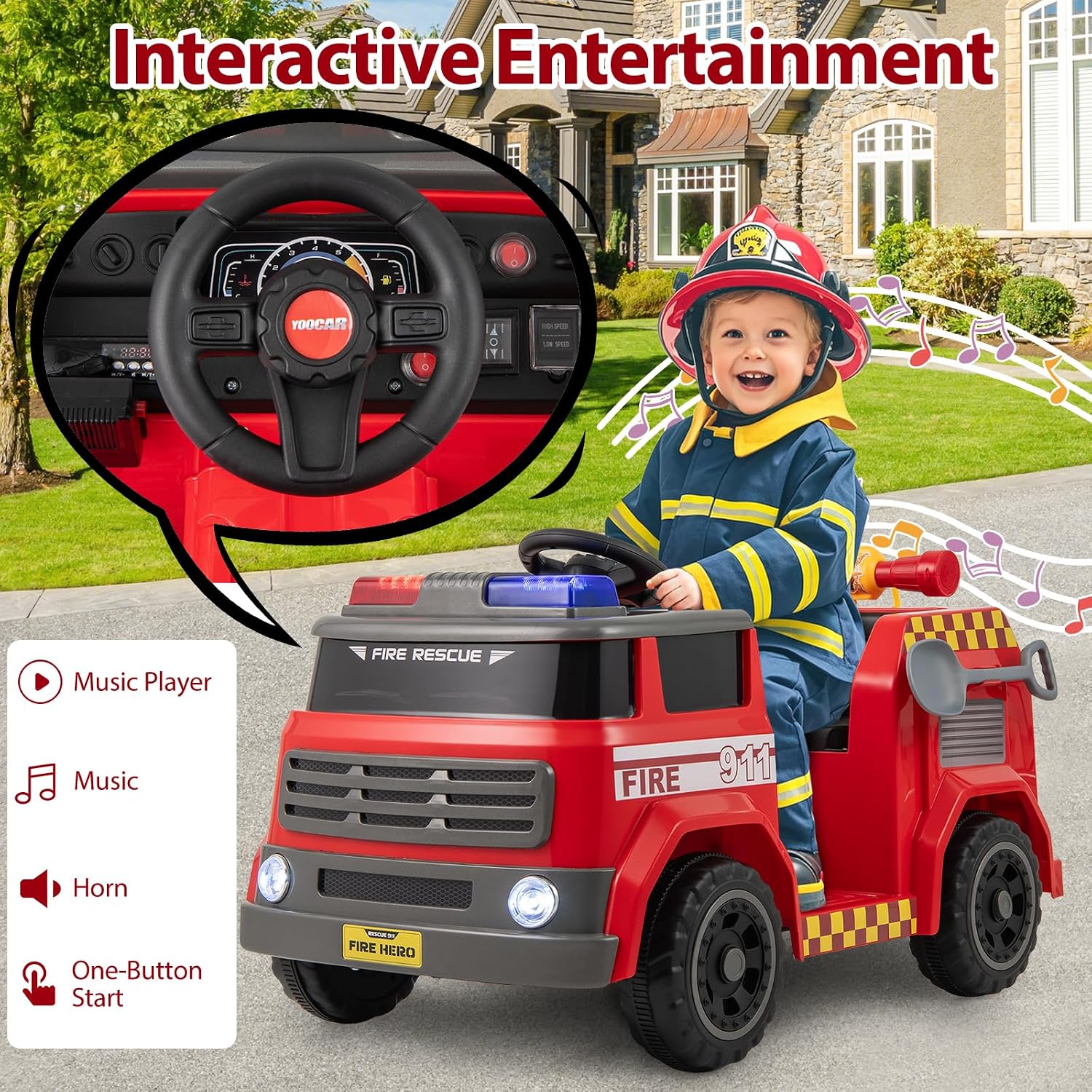 HONEY JOY Ride On Fire Truck, 12V Battery Powered Electric Car for Kids, Water Tank, Loudspeaker, Shovel, Music, Siren & Light, Firetruck Ride On Toy, Ride On Car w/Remote Control (Fire Truck)