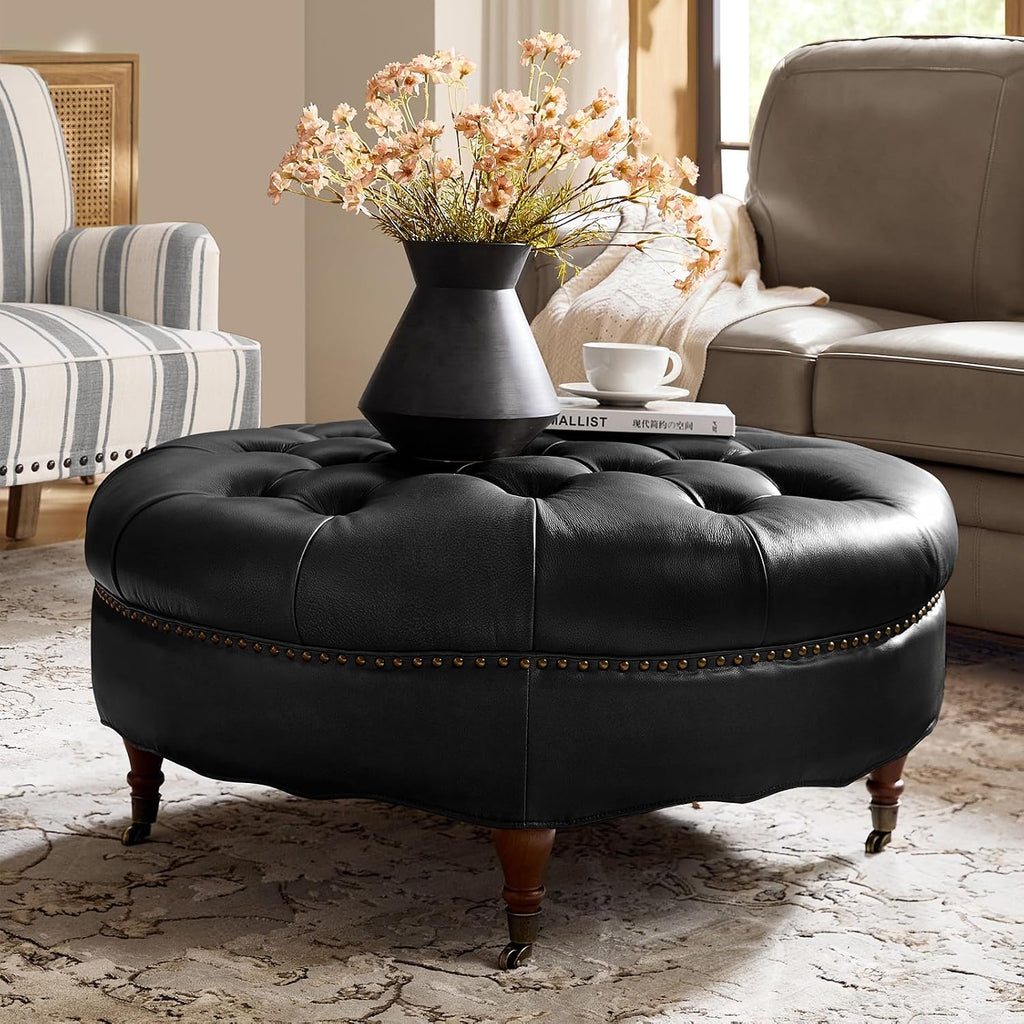 HULALA HOME 40' Genuine Leather Coffee Table, Large Round Button Tufted Coffee Table with Rolling Wheels, Solid Wood Legs, Nailhead Trim, Upholstered Ottoman Seating for Living Room, Black