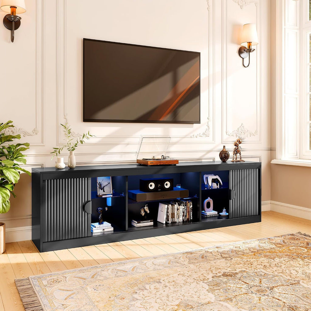 LGHM 70'' Black TV Stand with Lighting, Stylish Modern Entertainment Center with Slip Doors for TVs Up to 80', Media Console for Living Room
