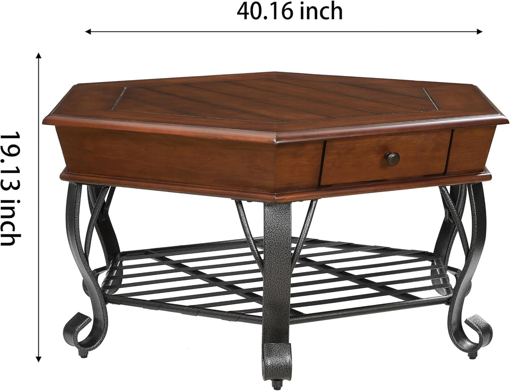 2 Tier Retro Hexagon Wood Coffee Table with Metal Leg, Farmhouse Mid-Century Coffee Table with Storage Shelf ＆ Drawer for Living Room(40' Dx40 Wx19 H)