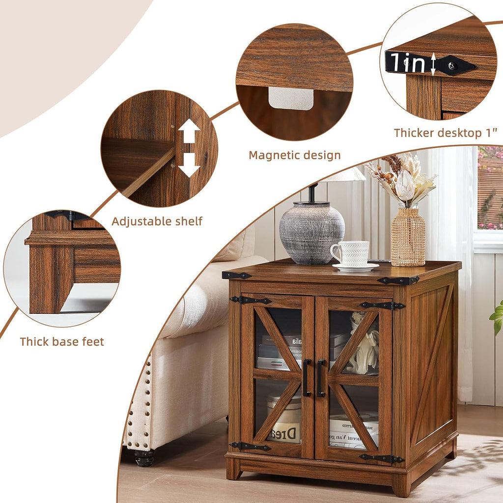 Joaxswe Farmhouse End Table,24' Large Sofa Side Table with Charging Station Glass Barn Door,Wood Nightstand with Adjustable Storage Shelf,Square Bedside Table for Living Room,Bedroom,Office-Brown