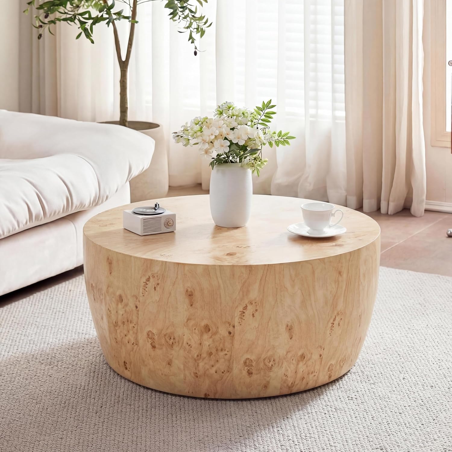 YYQ Upgraded 34.6' Round Coffee Table for Living Room, Burl Faux Marble Pattern Coffee Table, Reversible Drum Coffee Table, Tea Table Wooden Table for Home Office, No Assembly Required