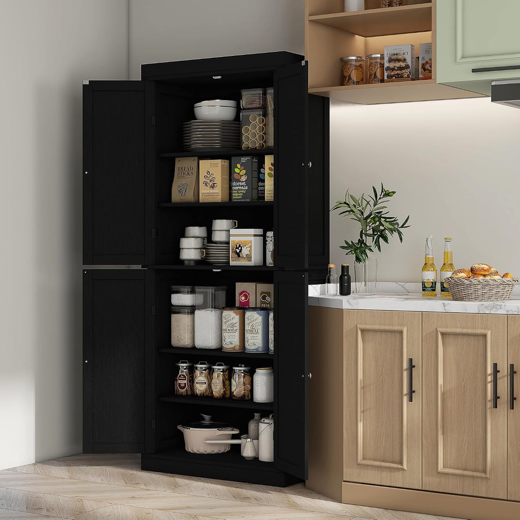 HOMCOM 72.5' Tall Kitchen Pantry Cabinet, Freestanding Modern Farmhouse Kitchen Storage Cabinet with 4 Doors and 2 Adjustable Shelves for Dining Room, Black Wood Grain