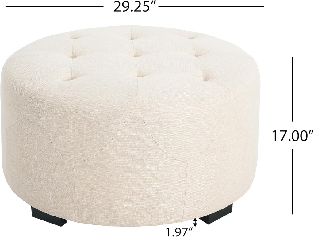 Christopher Knight Home York Linen Fabric Upholstered Ottoman, Wooden Round Ottoman Coffee Table, Modern Living Room Ottoman Foot Stool, Extra Seat Sofa Footrest, Beige