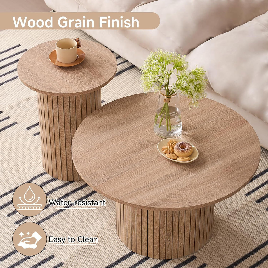 Round Coffee Tables Set of 2, Circle Modern Small Wood Side Table with Fluted Style Drum Base for Living Room Bedroom Balcony Office, Natural