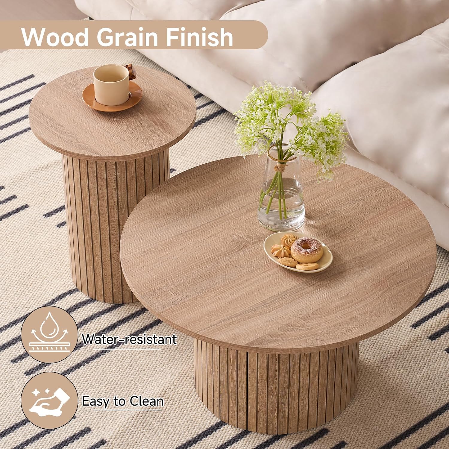 Round Coffee Tables Set of 2, Circle Modern Small Wood Side Table with Fluted Style Drum Base for Living Room Bedroom Balcony Office, Natural