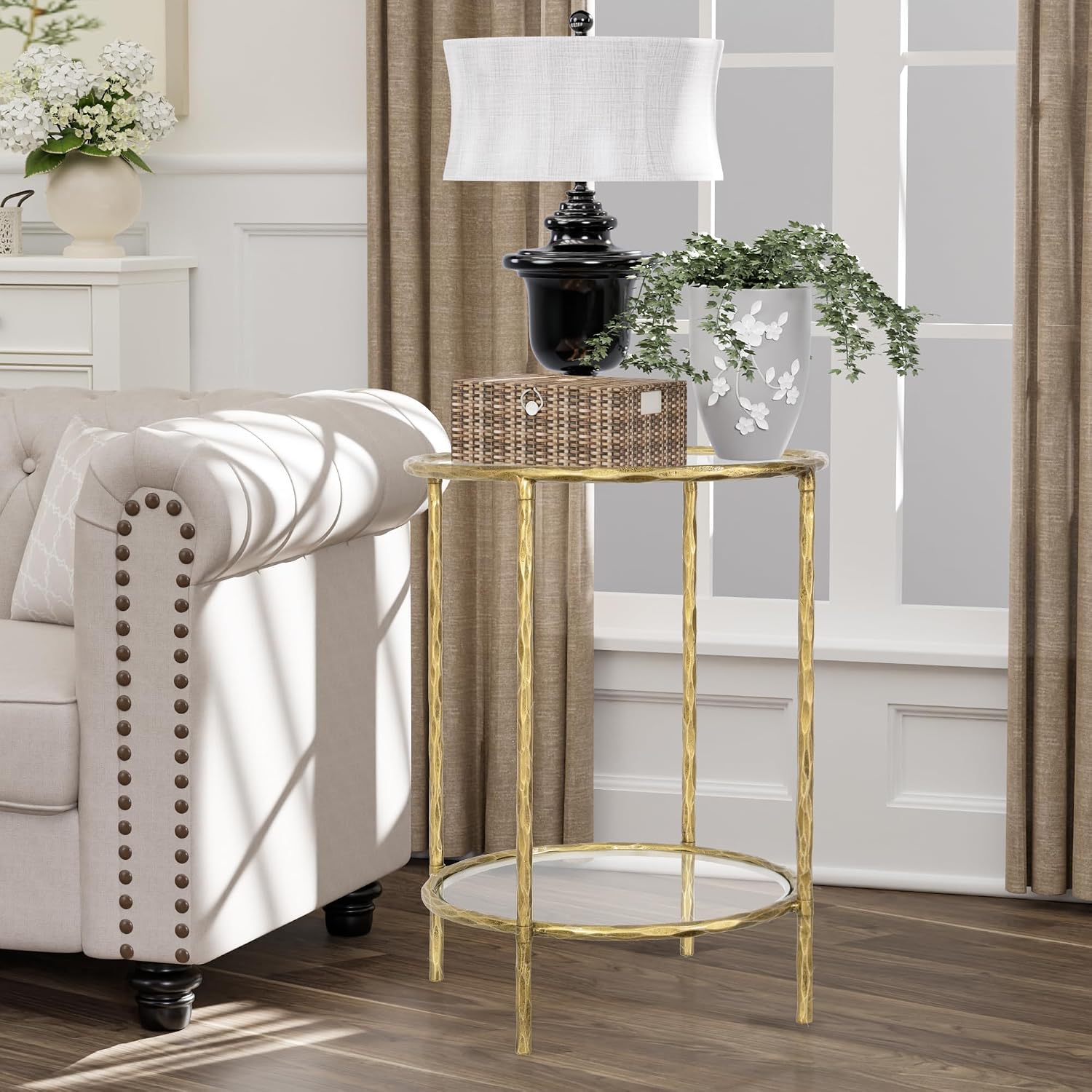 BEGINS Hand Forged Side Table 2 Tier, Vintage End Table Glass Top Coffee Table, Accent Table with Solid Hammered Frame, Suitable for Living Room, Bedroom, Study Room, Entryway (Gold, Circle)