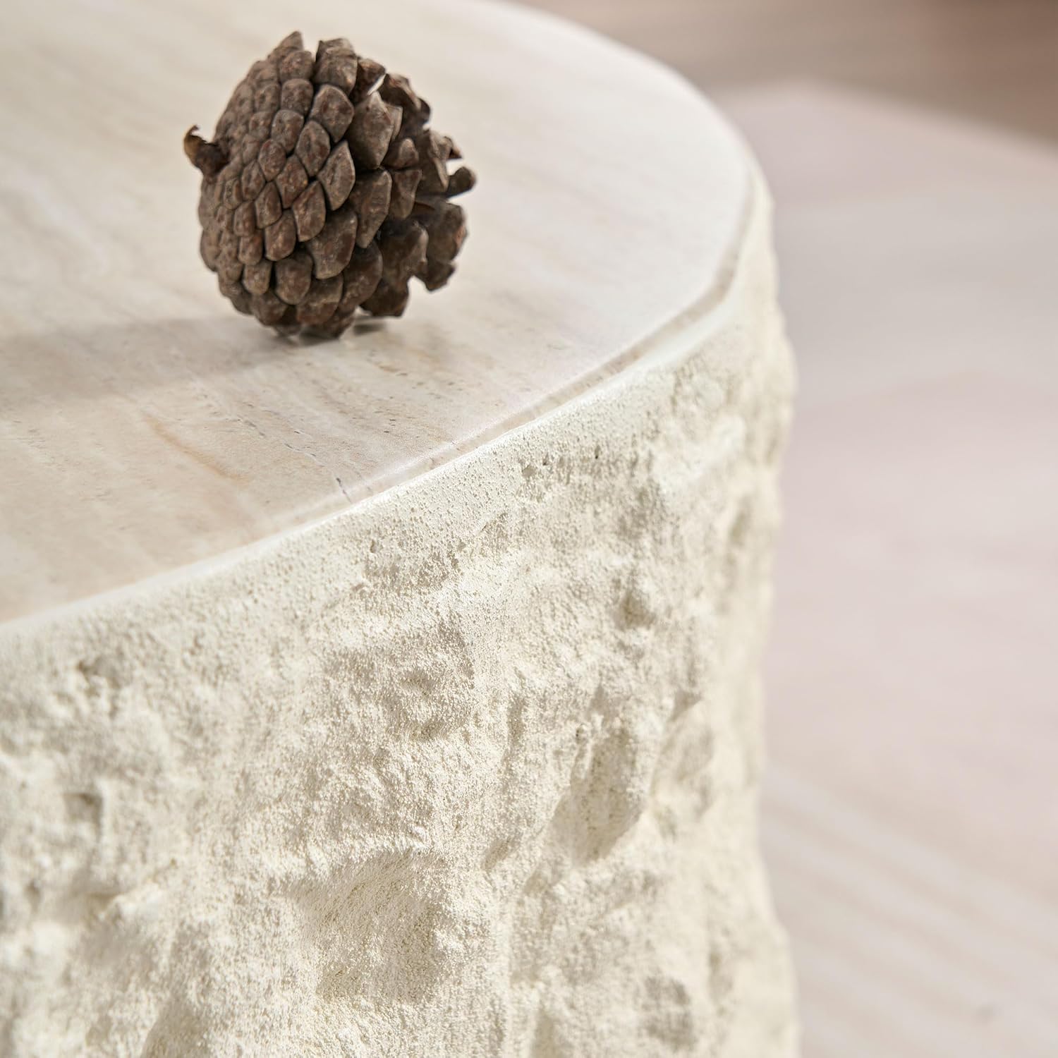 Faux Rock Coffee Table with Round White Design,Drum Coffee Table Fiberglass Circle Tea Table for Living Room Accent Central Table No Need Assembly