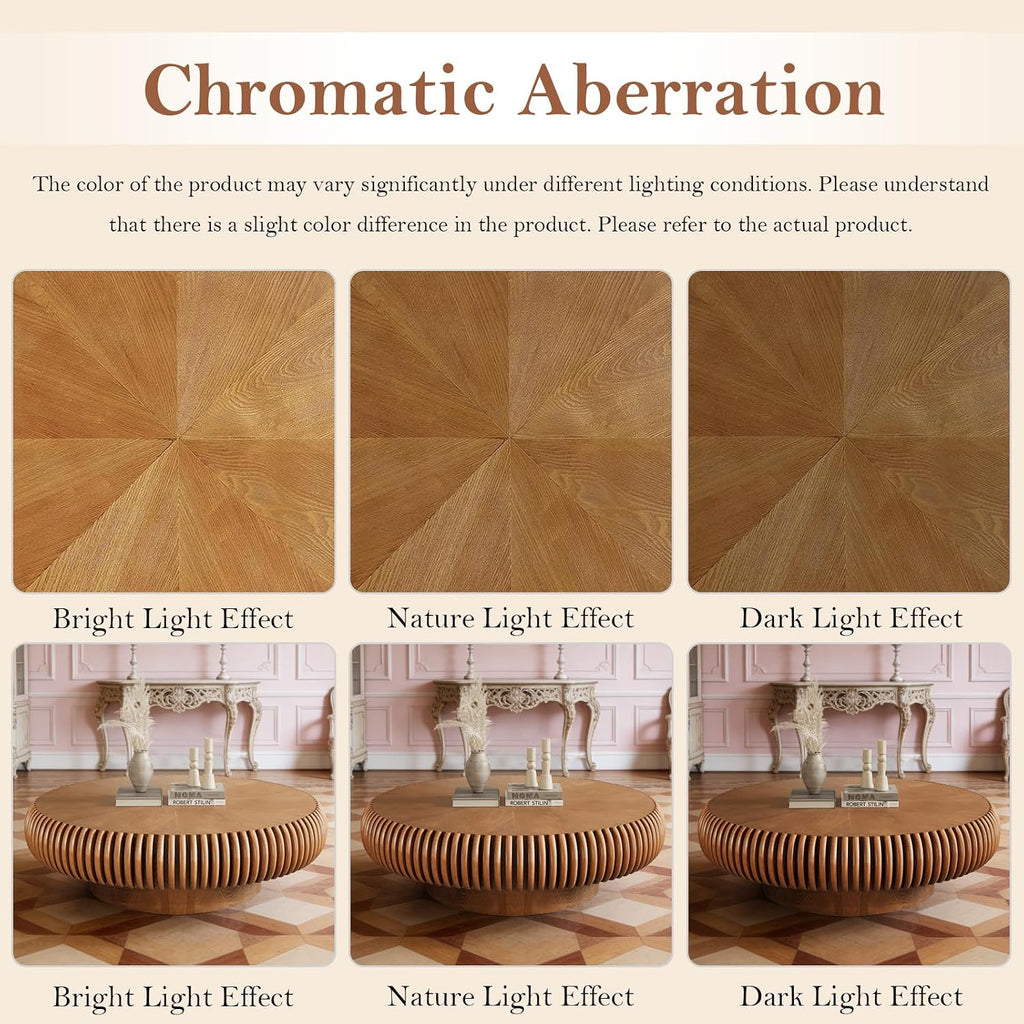 39.37' Round Fluted Coffee Table Unique Contemporary Wood Low Circle Drum Tea Tables with Sturdy Pedestal for Small Space (D Brown 39.37in)