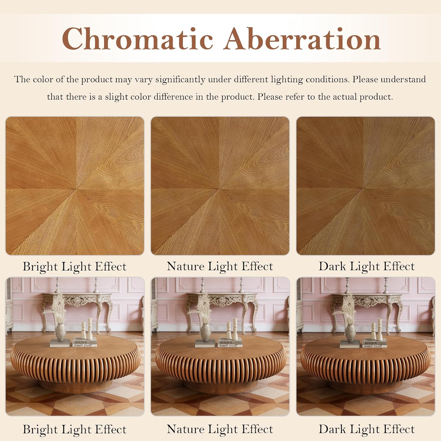 39.37' Round Fluted Coffee Table Unique Contemporary Wood Low Circle Drum Tea Tables with Sturdy Pedestal for Small Space (D Brown 39.37in)