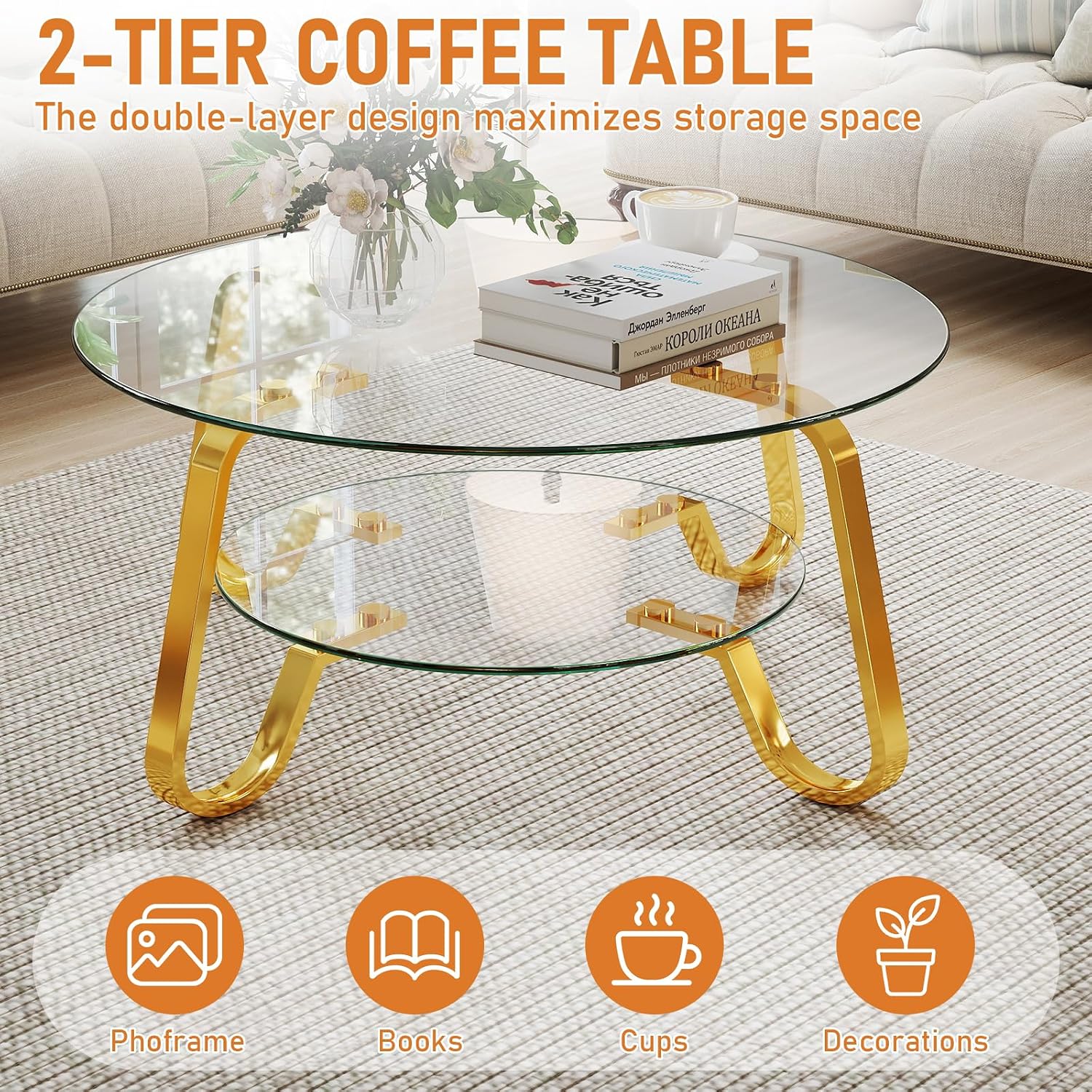Rovibek Round Glass Coffee Table, 31.5 Modern Round Glass Coffee Tables with Storage and Metal Frame, 2-Tier Tempered Glass Top Small Center Table for Living Room, Easy Assembly, Gold