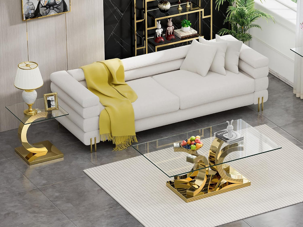 SSLine 1 Piece Living Room End Table Luxury Glass Side Table, Modern Gold End Table with C-Shape Stainless Steel Pedestal Base for Living Room Bedroom Office (1 End Table)