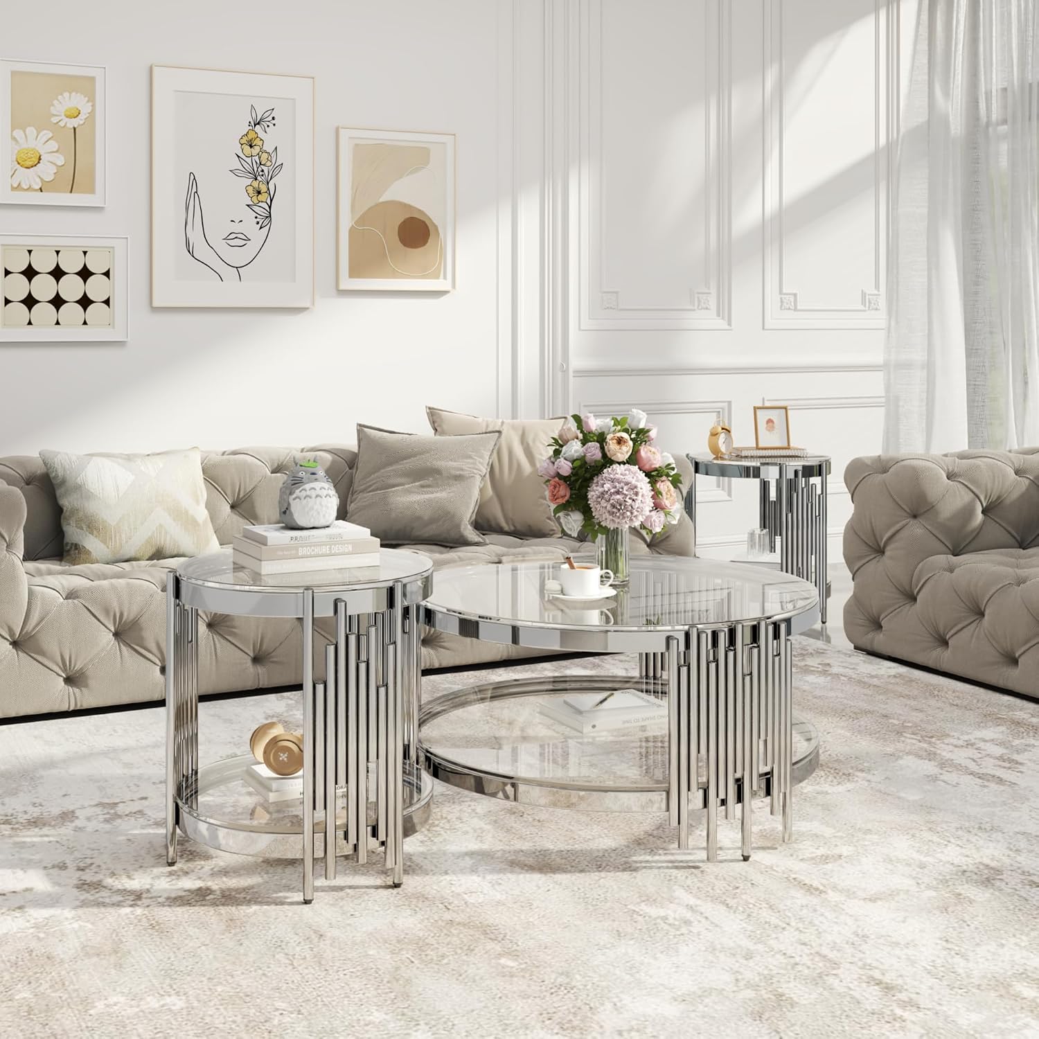 Round Glass Coffee Table Set of 3, Silver and Clear Modern Living Room Table Set, Includes 1 Coffee Table & 2 End Tables, Stainless Steel Base Tempered Glass Top, Luxury Furniture for Home Office