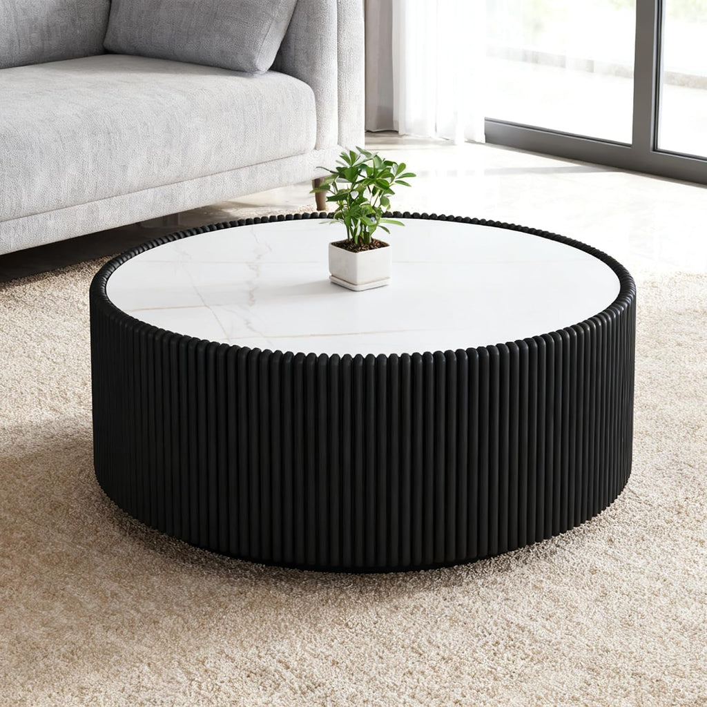 29.52' Round Marble Coffee Table,Modern Fluted Coffee Table w/White Sintered Stone Top & Black PU Leather Covered,Luxury Circle Coffee Cocktail Center Tables for Living Room,No Assembly Required