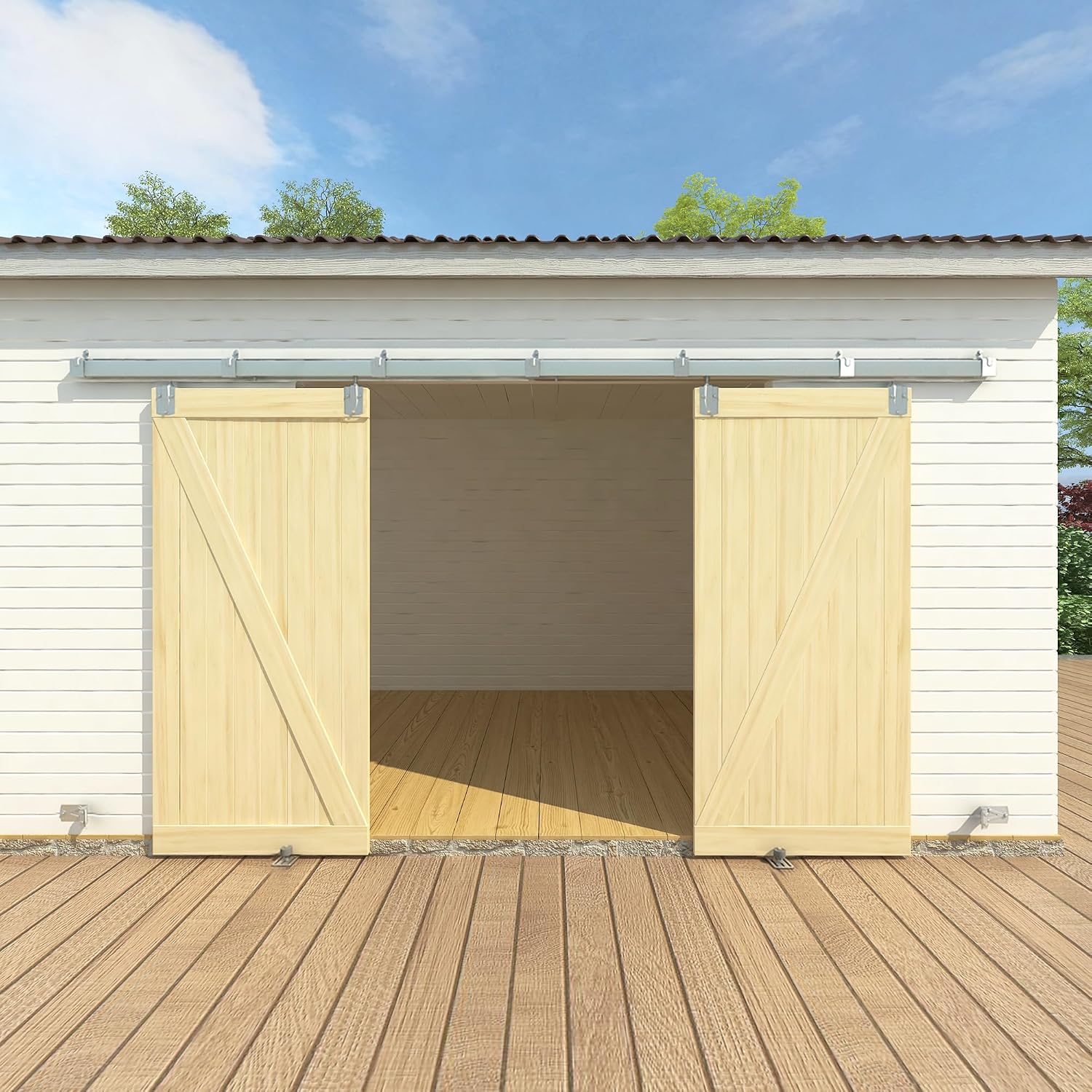 SongYung12FT Box Rail Exterior Barn Door Hardware Kit for 2 Doors, Sliding Heavy Duty Barn Door Track, Wall Mount Barn Door Hardware with 7 Track Brackets,Sliver(Doors NOT Include)