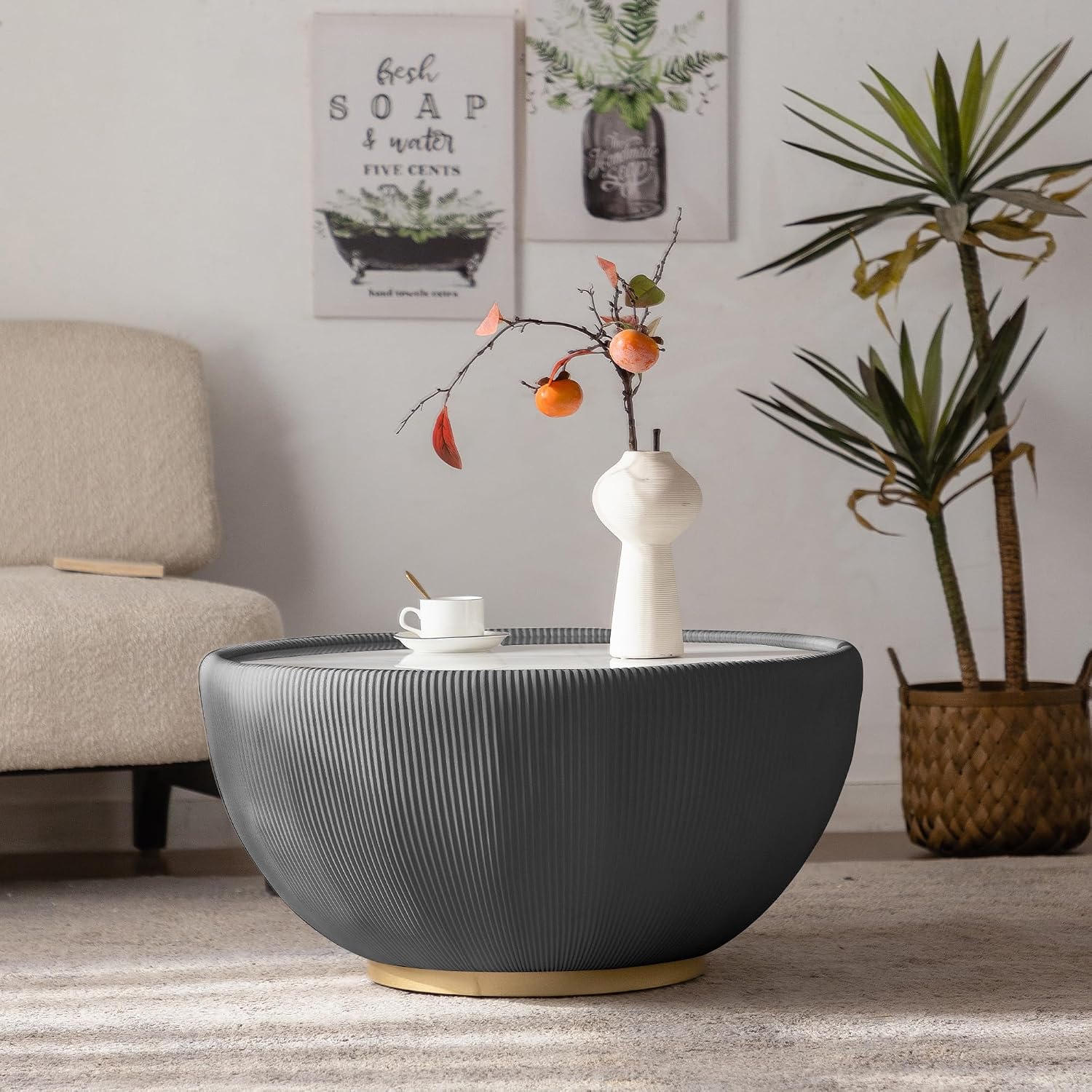 29.53' Round Coffee Table, Modern Cocktail Tables with Decorative Vertical Texture, 29.53 inch Grey Bowl Center Tables, Accent Sintered Stone Coffee Table for Living Room Apartment Office