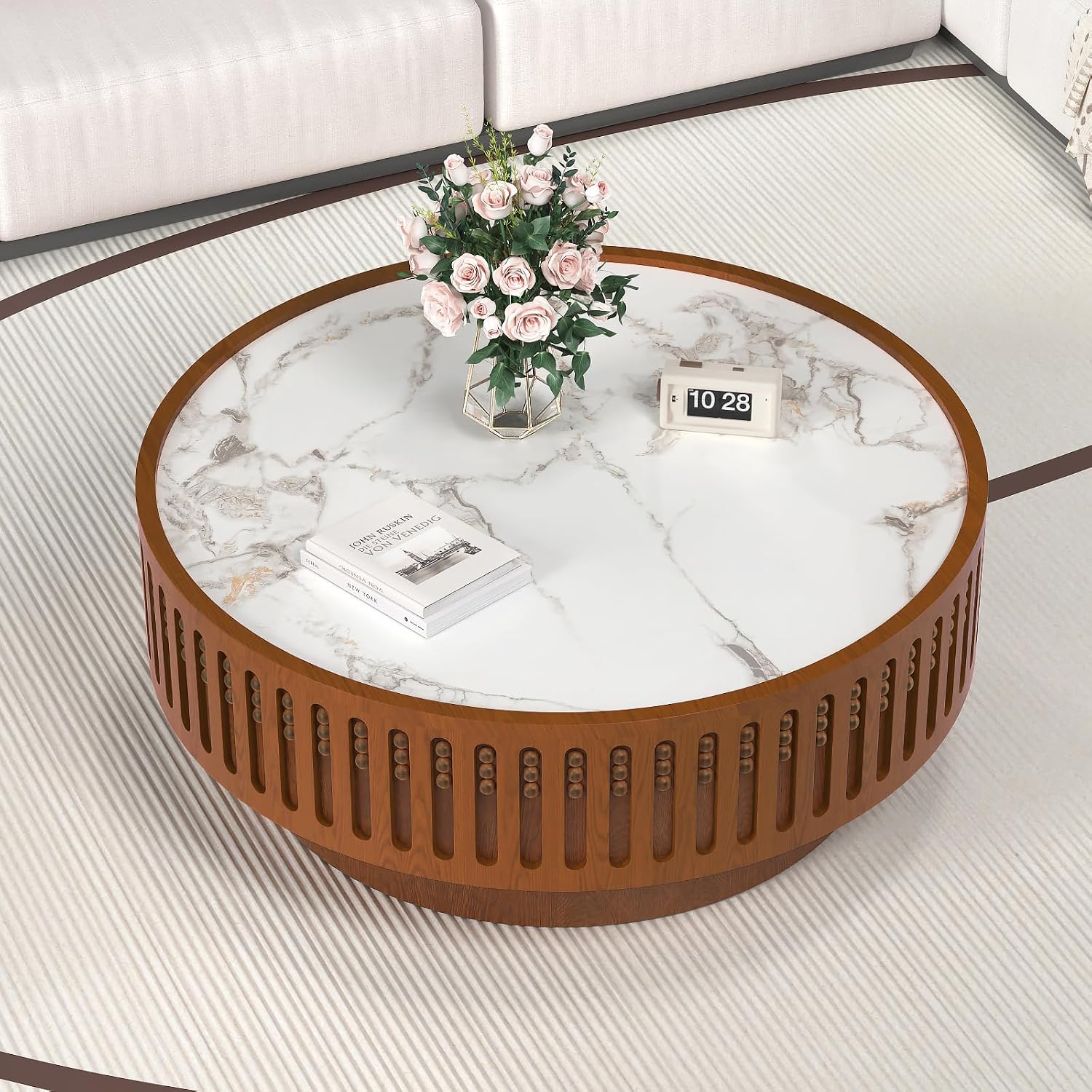 35.43' Round Coffee Table with Sintered Stone Tabletop, Modern Drum Fluted Center Table, Unique Circle Wood Coffee Table for Living Room Small Spaces (Walnut, 35.43' Sintered Stone Tabletop)