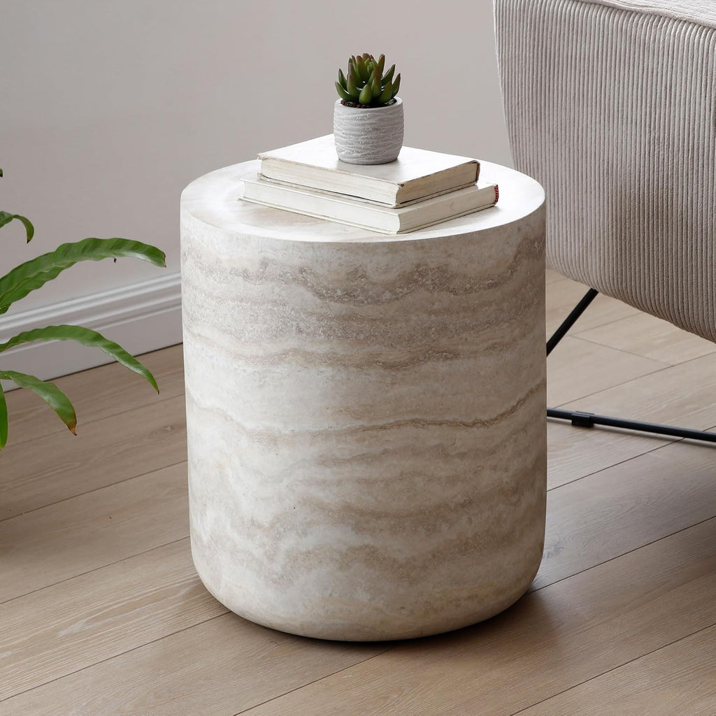 WILLIAMSPACE 15.74' Round End Table with Mars Pattern for Living Room, Modern Drum Circle Faux Marble Side Table, Fiberglass Stone Sofa Table for Apartment, No Need Assembly (Mars Pattern)
