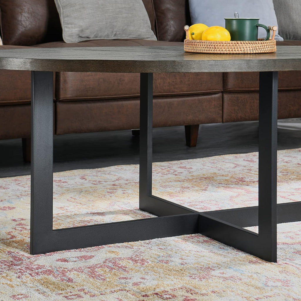 Solid Wood Oval Coffee Table with Cross Metal Legs, 47.9' Industrail Bar Cocktail Table for Living Room Kitchen Office Sofa Table Bristro Table for Cafe/Bar Black 1831BK