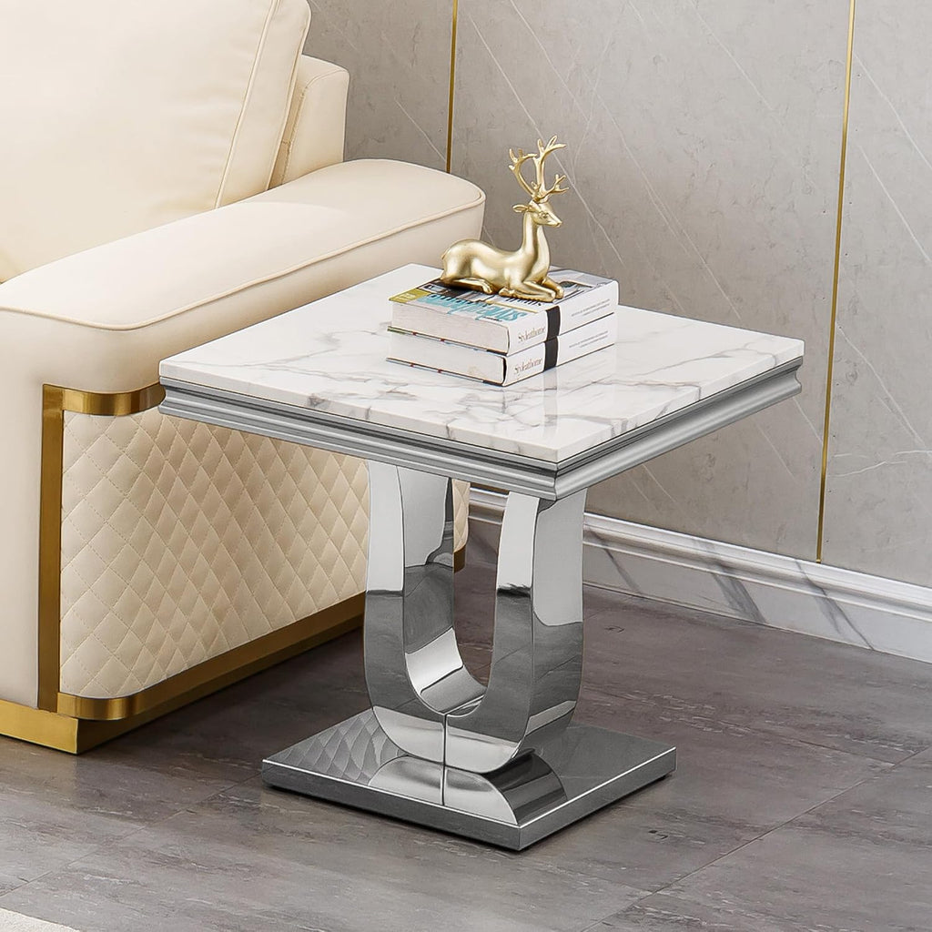 3 Pieces Coffee Table Set, Faux Marble Living Room Table Set of 3, Modern Coffee Table and 2 End Tables with U-Shaped Stainless Steel Base for Living Room (White Silver)