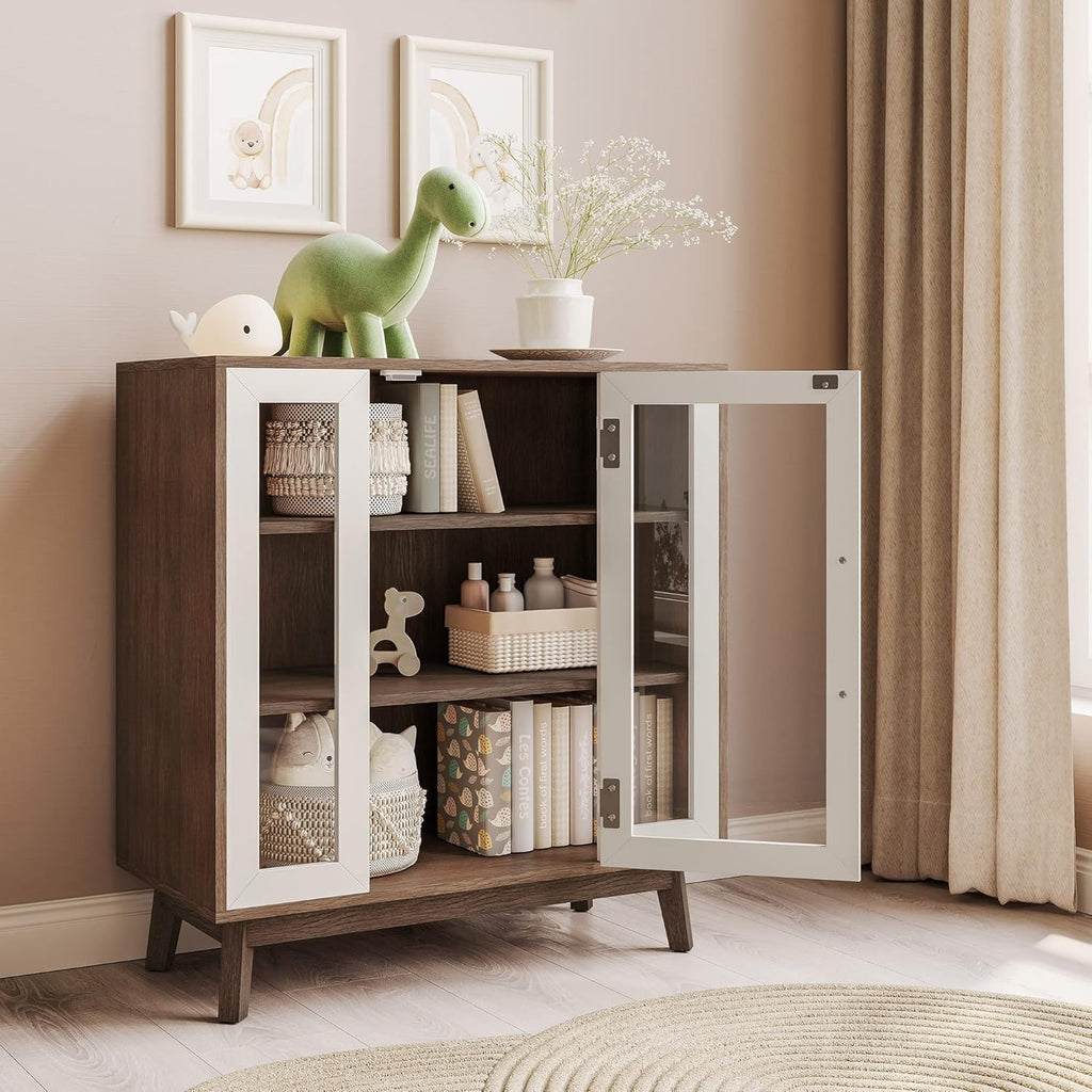 BELLEZE Set of 2 Sideboard 31 Inch Buffet Cabinet with 3-Tiers Shelves and Glass Display Door, Console Table Storage/Pantry Cabinet Coffee Bar for Living Room, Entryway - White