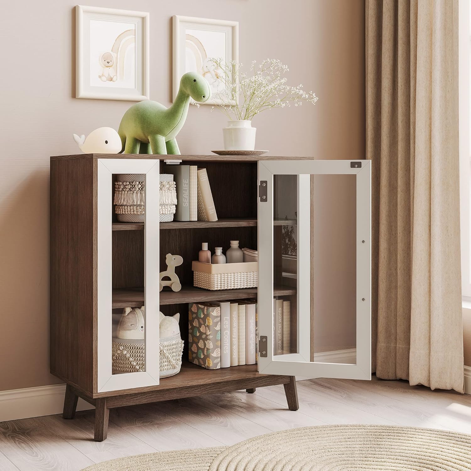BELLEZE Set of 2 Sideboard 31 Inch Buffet Cabinet with 3-Tiers Shelves and Glass Display Door, Console Table Storage/Pantry Cabinet Coffee Bar for Living Room, Entryway - White