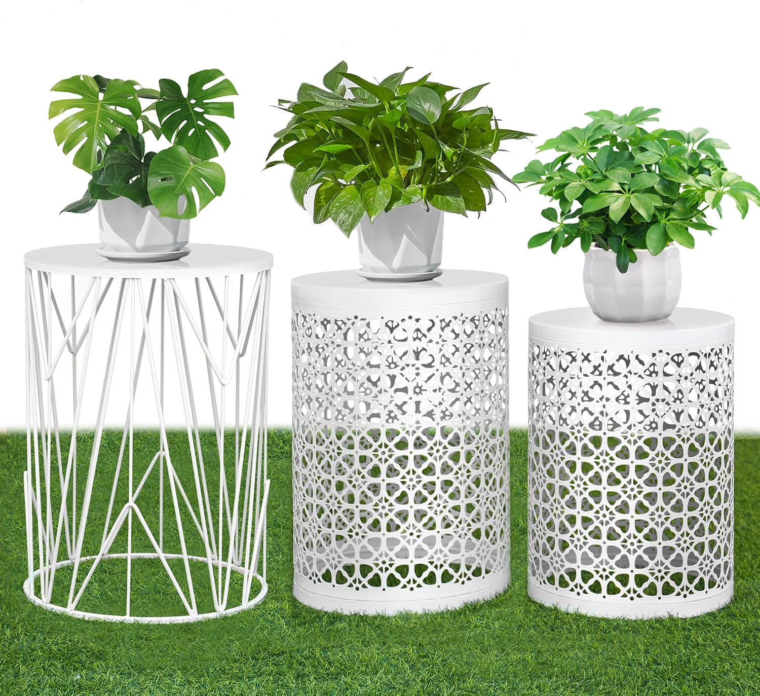 HFHOME Set of 3 Heavy-Duty Round End Table, Side Table, Coffee Table for Indoor Multifunctional Use, Outdoor Decorative Garden Stool Plant Stand-White