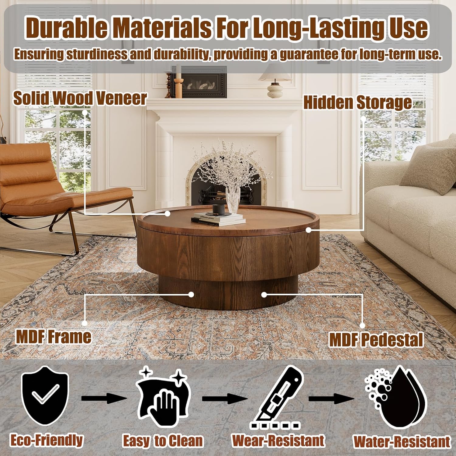 30.7'' Round Storage Coffee Table, Modern Drum Coffee Tables with Solid Wood Veneer, Wooden Circle Center Table for Living Room, Small Spaces, and Apartments, Easy Assembly