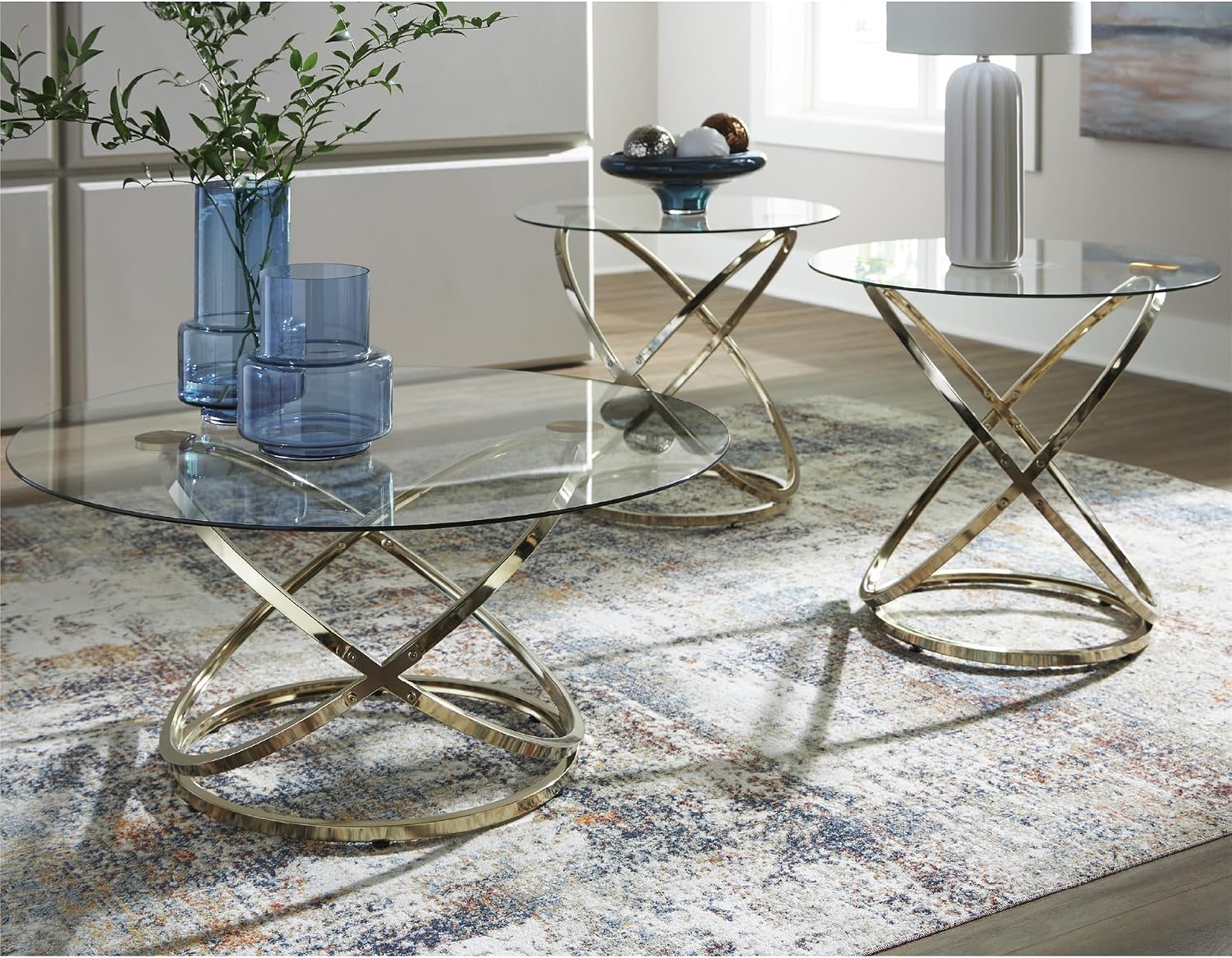 Signature Design by Ashley Crimonti Modern Table with Tempered Glass, Set of 3, Metallic & Clear