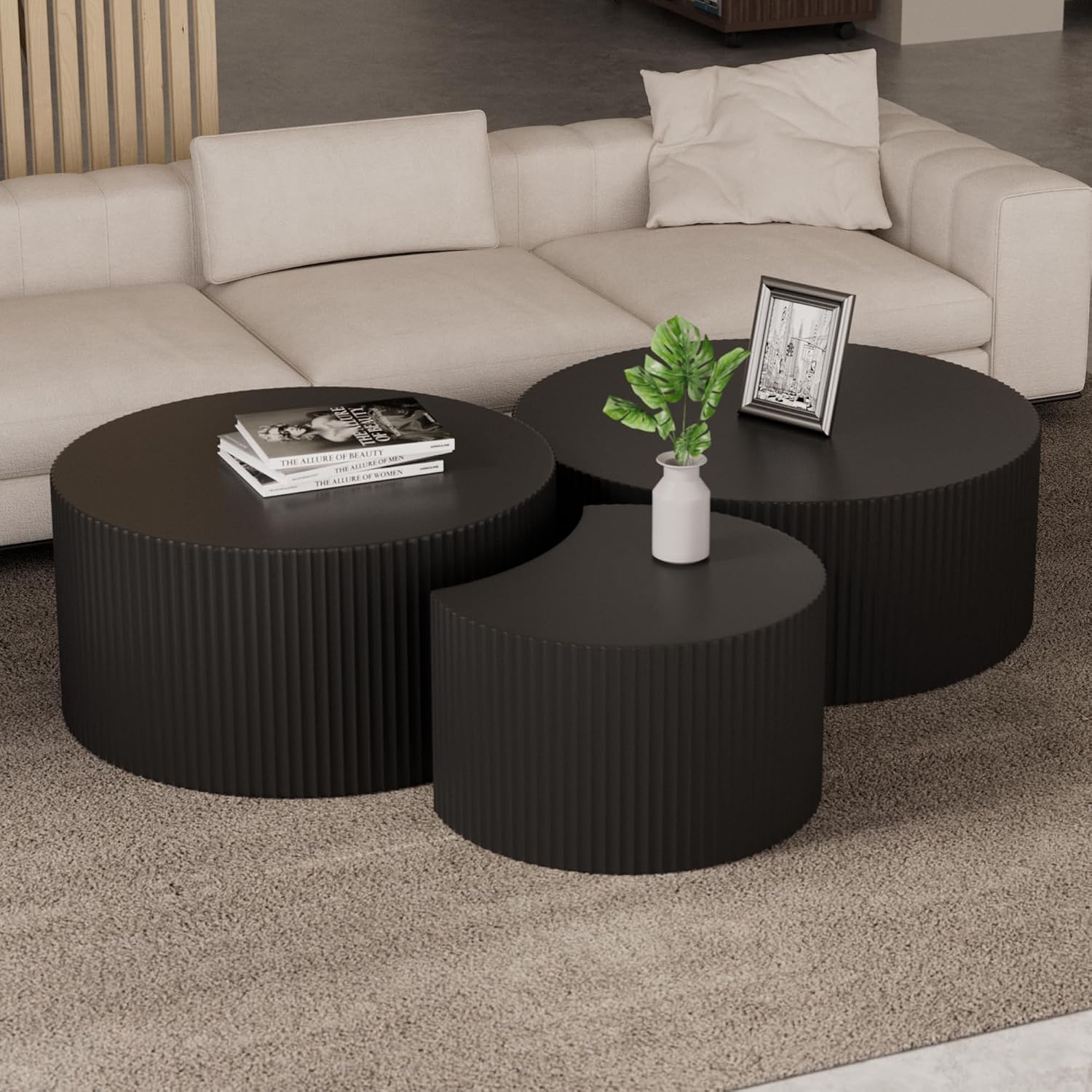 JUSTONE Set of 3 Black Round Coffee Table Set Side Table End Table for Living Room, Drum Round 3 Peice Nesting Coffee Modern Coffee Table for Apartment Office,No Assembly (3PCS,Black)