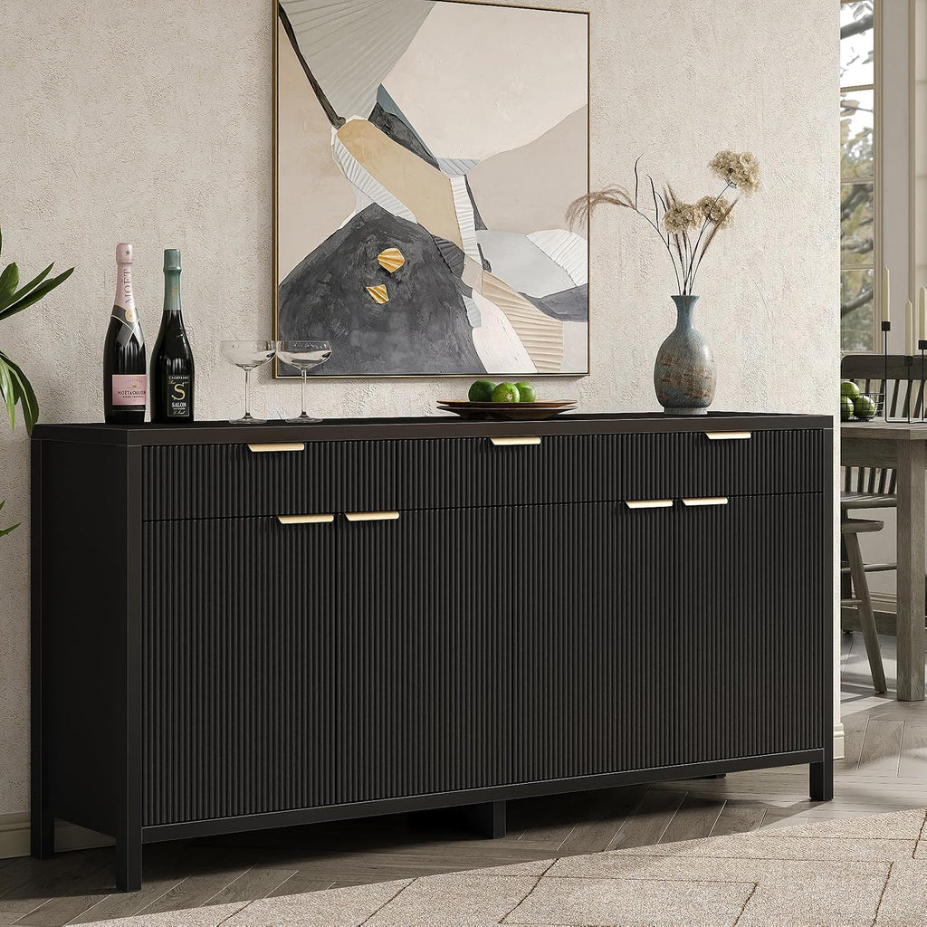 Yanosaku 66' W Fluted Buffet Cabinet, Sideboard Storage Cabinet with 3 Drawers & 2 Cabinets, Mid-Century Coffee Bar Table for Living Room, Black