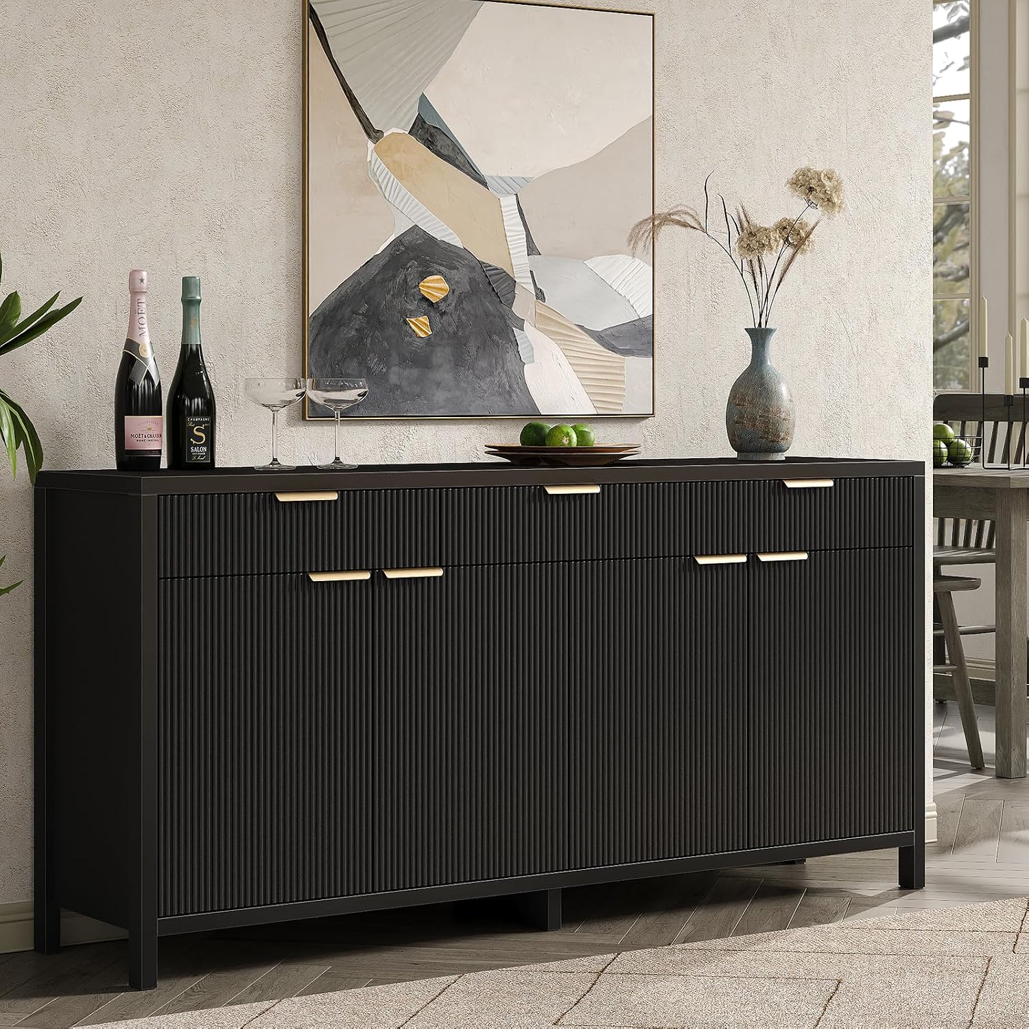 Yanosaku 66' W Fluted Buffet Cabinet, Sideboard Storage Cabinet with 3 Drawers & 2 Cabinets, Mid-Century Coffee Bar Table for Living Room, Black