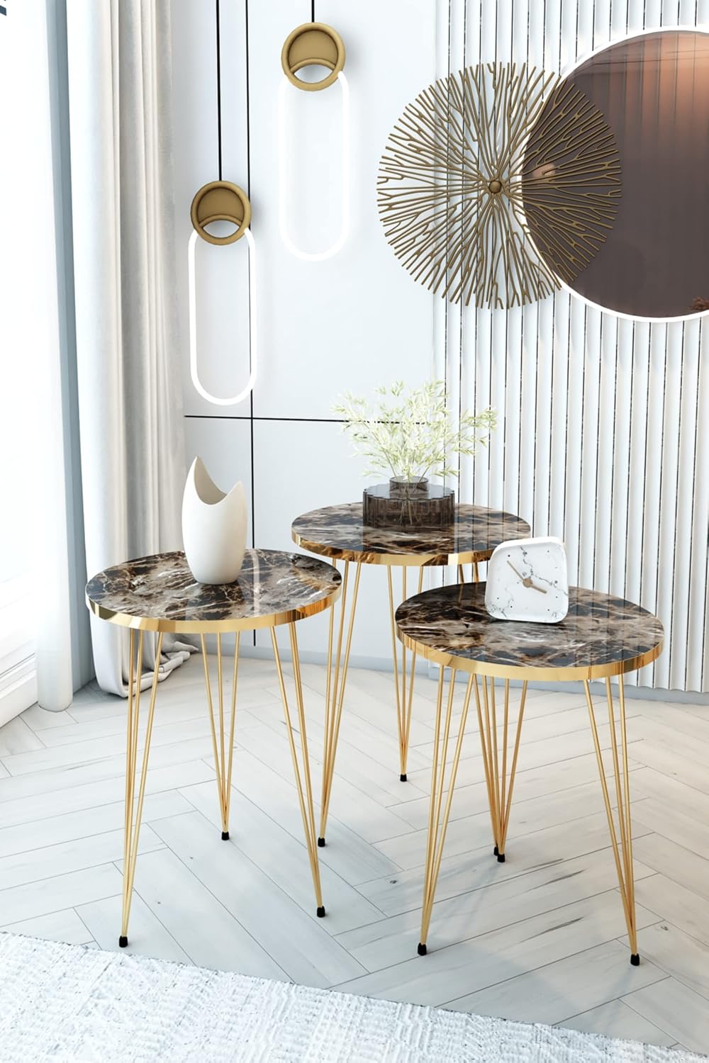 Set of 3 Nesting End Tables Round Wood Stacking Coffee Side Accent Sofa Table with Metal Legs for Living Room, Home Office, Nightstands for Bedroom (Brown Marble/Gold)