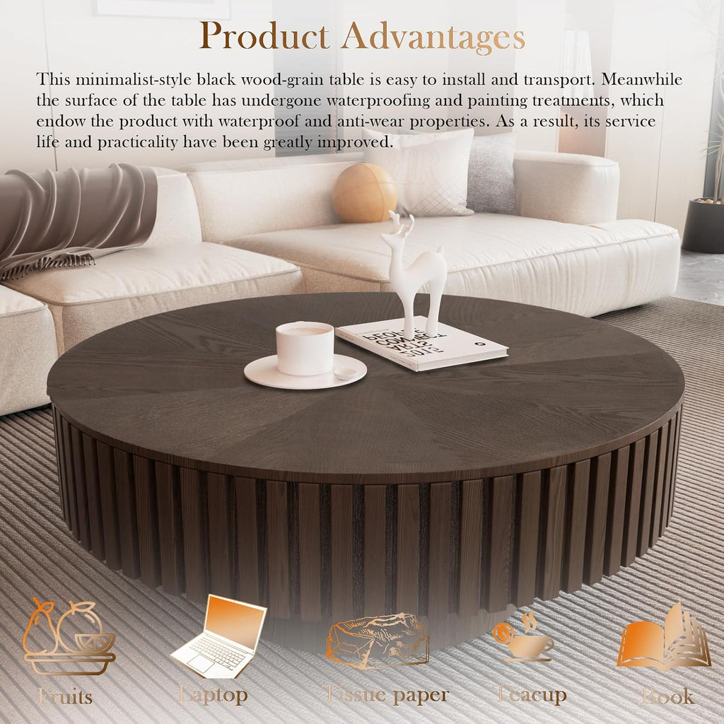 Round Fluted Coffee Table with Storage, Modern Wooden Circle Drum Coffee Tables Handcrafted Fluted Centry Table for Living Room Apartment Small Space