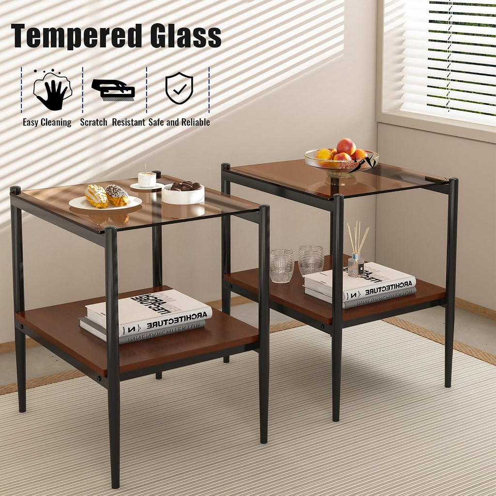 Modern Glass Coffee Table and End Table Sets of 3, Living Room Tables Set with Walnut Wooden MDF Layer, 39' Rectangle Brown Top, Black Metal Legs