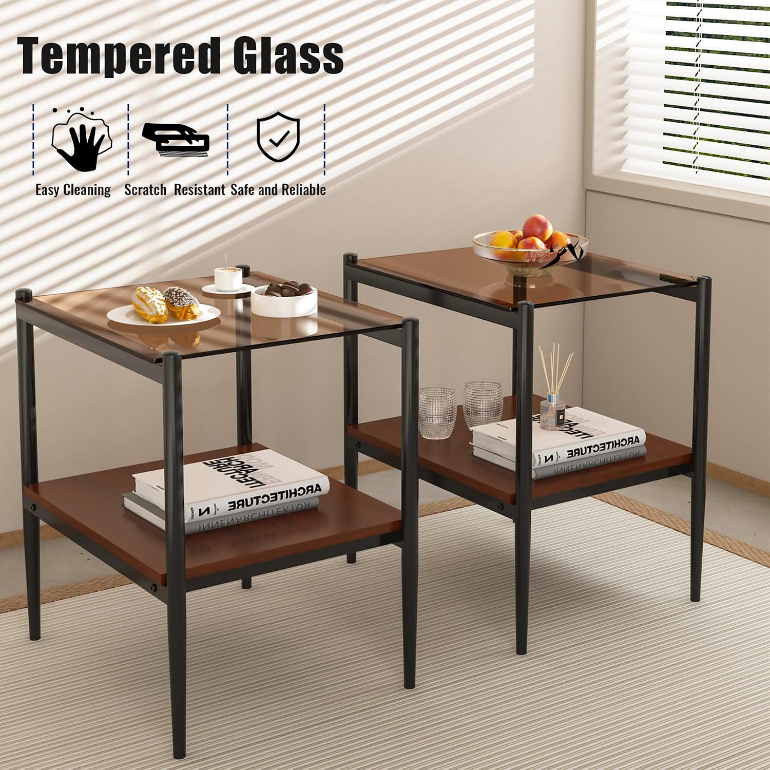 Modern Glass Coffee Table and End Table Sets of 3, Living Room Tables Set with Walnut Wooden MDF Layer, 39' Rectangle Brown Top, Black Metal Legs