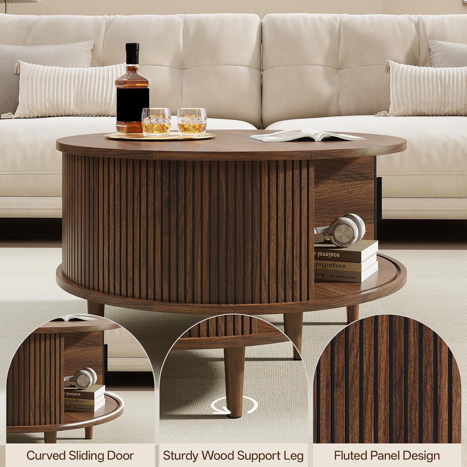 Round Coffee Table with Storage, Mid Century Modern Coffee Table, Fluted Dining Table with Sliding Door, Circle Coffee Table for Living Room Home Office, 31.5', Walnut