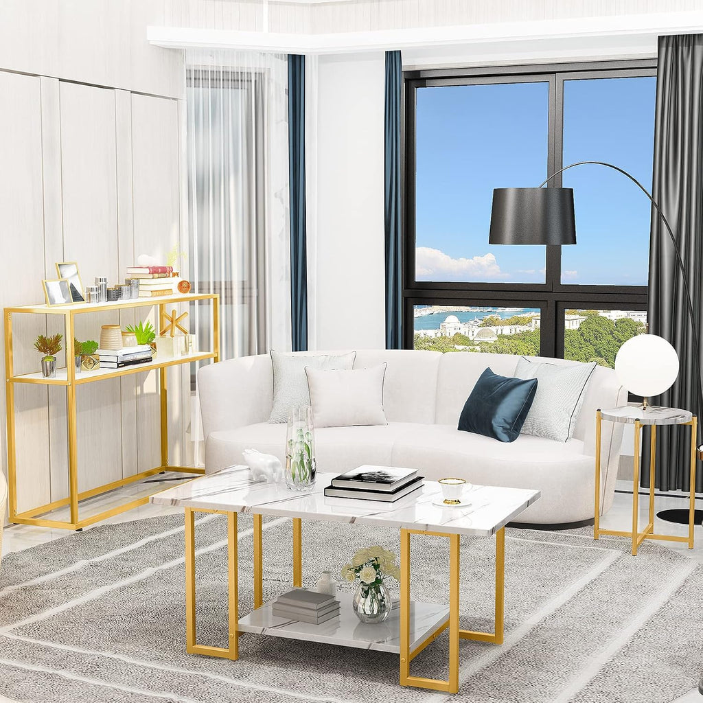 Lamerge 3pcs Living Room Table Set, Faux Marble Coffee Table with Round End Side＆Console Table, Modern White Coffee Table Set with Gold Metal Frame for Home Living Room Office Entryway, Round End
