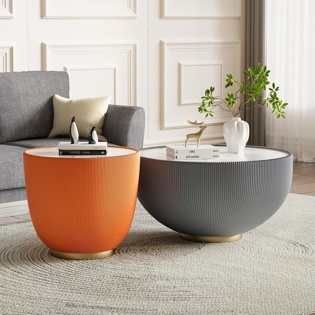 Round Coffee Table Set of 2, Sintered Stone Grey Coffee Table with Orange End Table, Nesting Tables for Living Room, Accent Side Table for Apartment Home Office, No Need Assembly