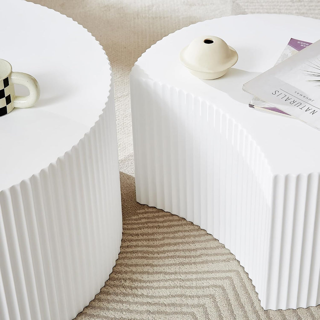 JUSTONE Set of 3 White Round Coffee Table Set Side Table End Table for Living Room, Drum Round 3 Peice Nesting Coffee Modern Coffee Table for Apartment Office,No Assembly (3PCS,White)