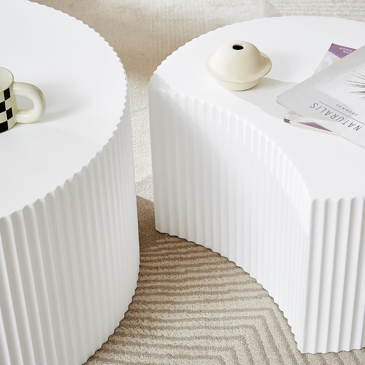 JUSTONE Set of 3 White Round Coffee Table Set Side Table End Table for Living Room, Drum Round 3 Peice Nesting Coffee Modern Coffee Table for Apartment Office,No Assembly (3PCS,White)