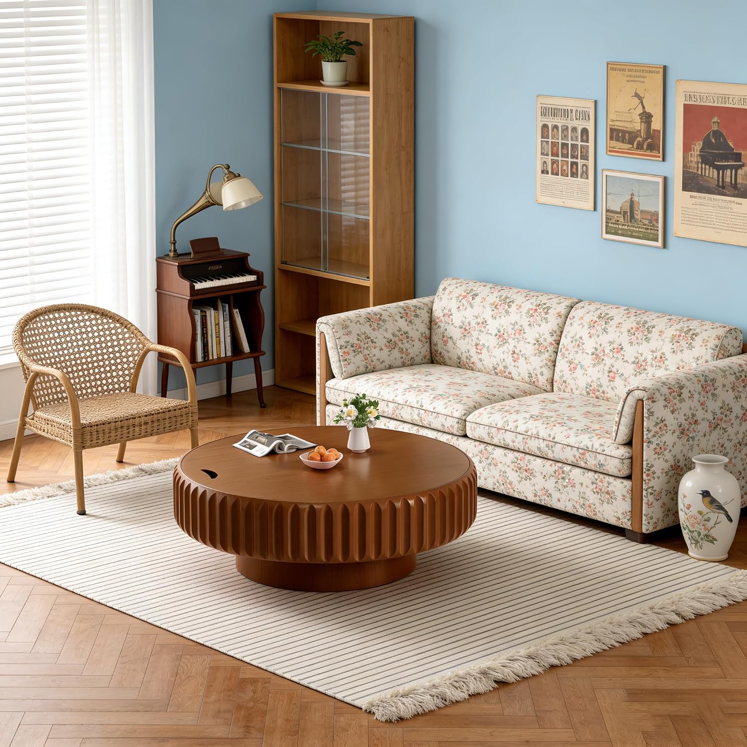 Round Wood Fluted Coffee Table with Storage, 39' Round Fluted Coffee Table with Flip-Top Lid Mid Century Modern Low Circle Drum Coffee Tables for Living Room (Brown, 39 inch)