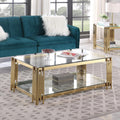 SSLine Clear Glass Coffee Table with Gold Stainless Steel Frame Luxury Rectangle 2-Tier Coffee Table for Living Room Modern Elegant Cocktail Center Table with Storage Shelves for Home Office