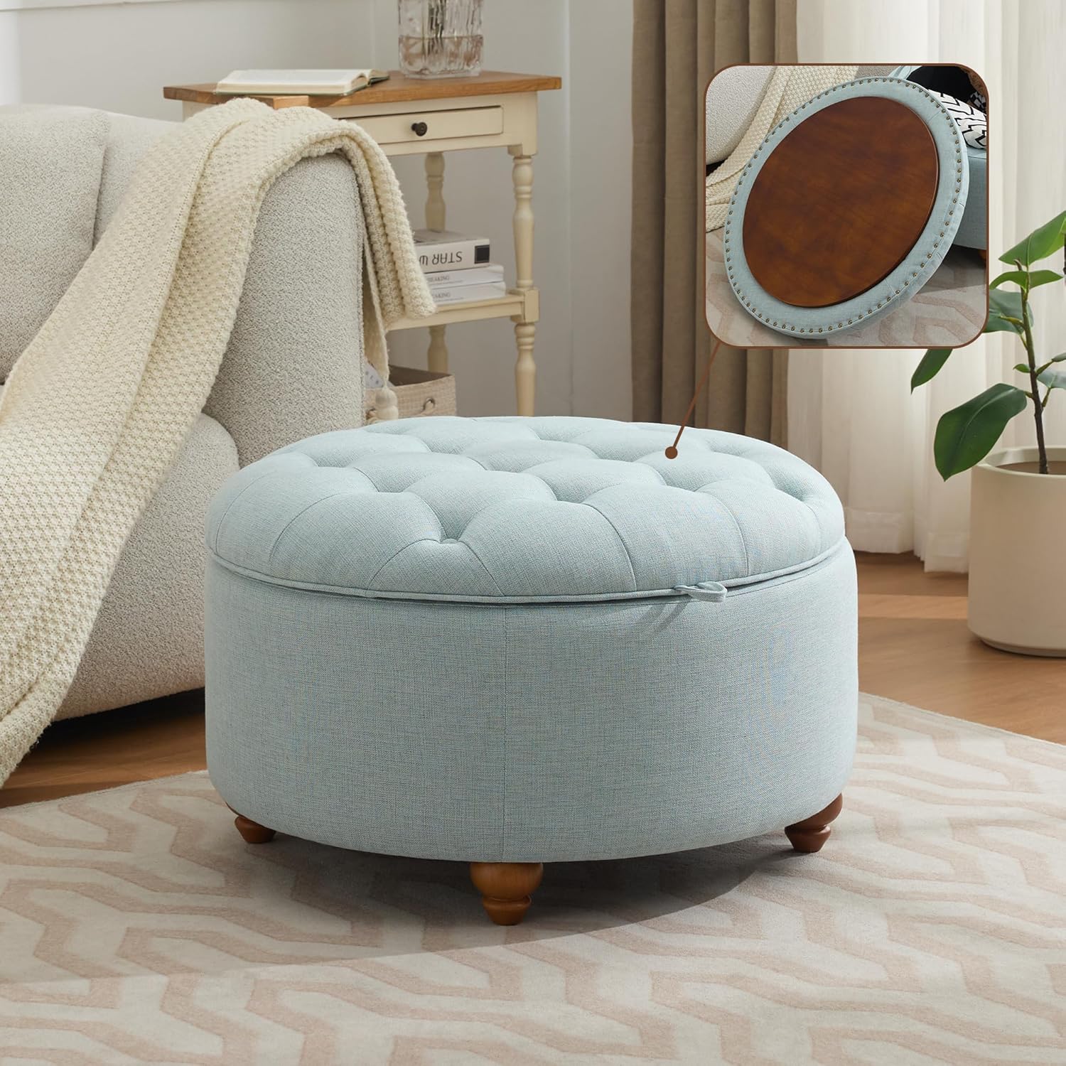 WUTUTUEE 30Inch Round Storage Ottoman with Tray, Modern Tufted Fabric Circle Coffee Table with Storage, Upholstered Ottoman with Removable Top for Living Room, Bedroom, Light Blue