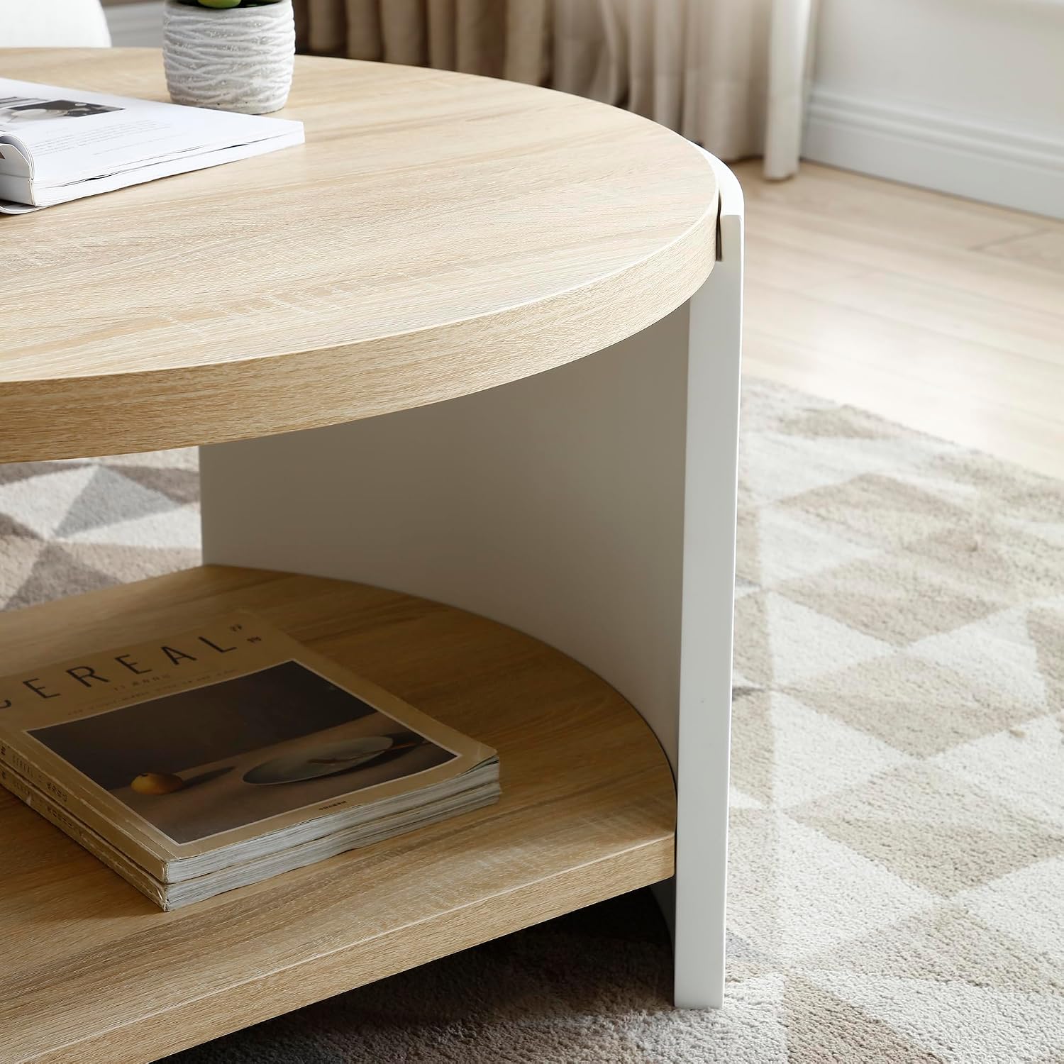 31.49'' Round Coffee Table for Living Room, Modern Wood Circle Coffee Table with 2-Tier Storage Desktop Contemporary Unique Drum Tea Table for Apartment, Small Space, Easy Assembly, Natural White